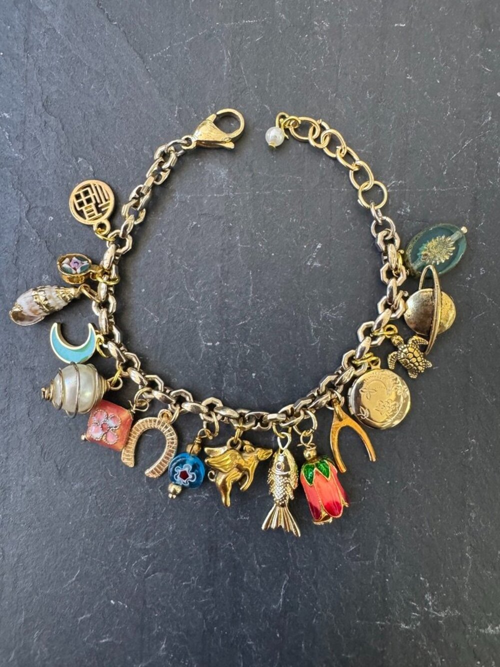 Vintage Charm Bracelet 14 Charms Wishbone Horseshoe Moon Flying Pig Flower Moon